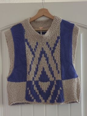 Free People Blue and Tan Geometric Knit Vest